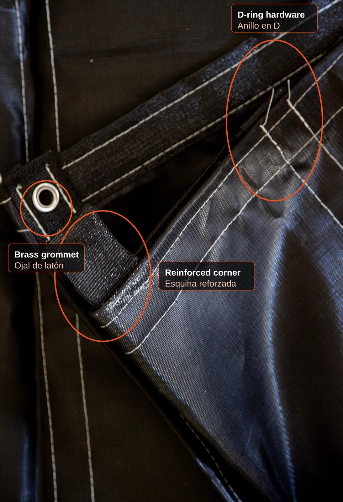 Reinforced corner with grommet, patch, and D-ring hardware, annotated